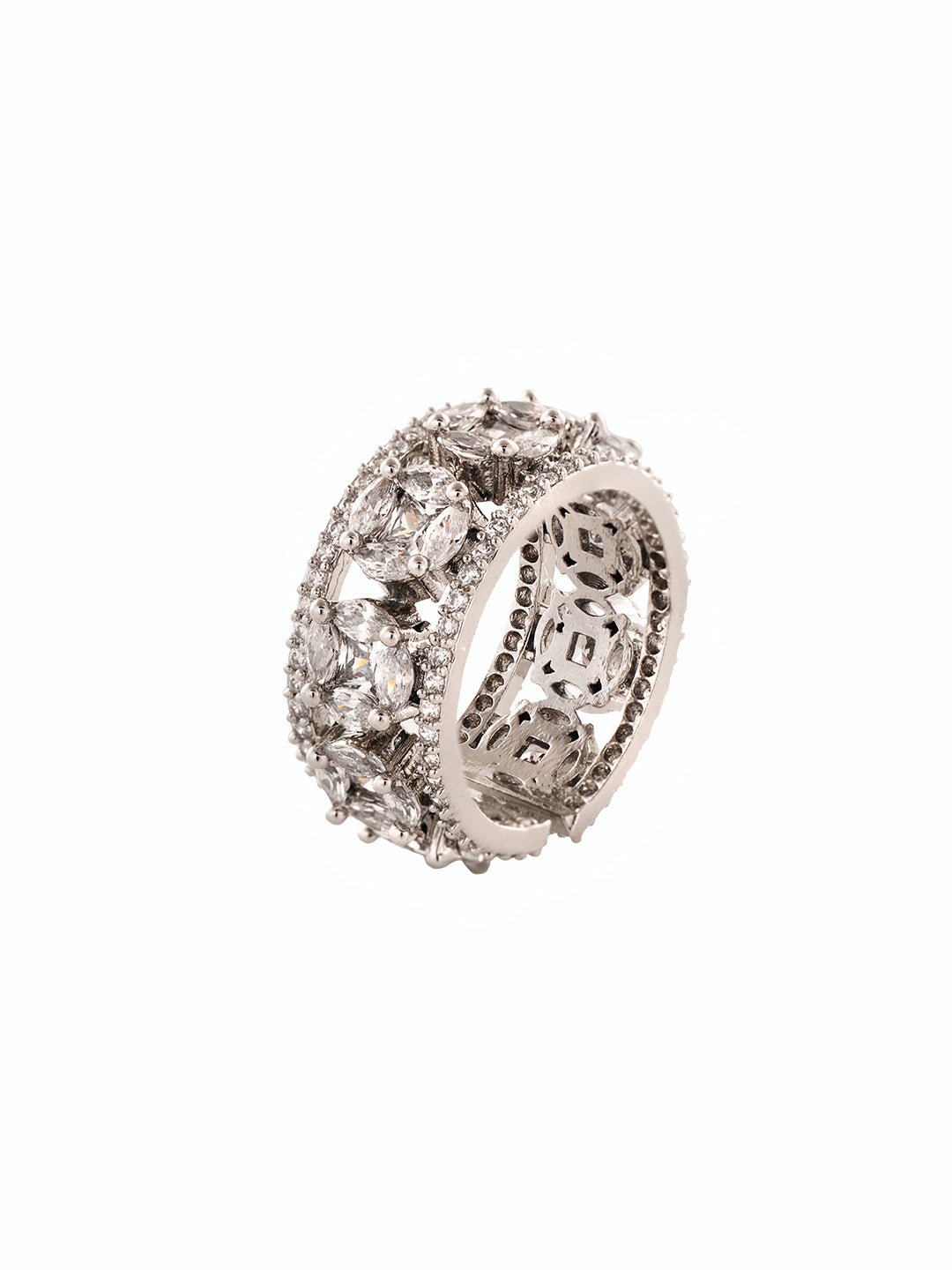 Silver Rhodium Plated White AD Studded Band Challa Finger Ring